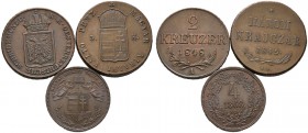 Lots. 3 Stücke: Kupfermünzen zu 2 Kreuzer 1848 -Wien- (Her. 381), 4 Kreuzer 1868 -Kremnitz- (Her. 889) sowie Harom (3) Kreuzer 1849 -Nagybanya- (Her. ...