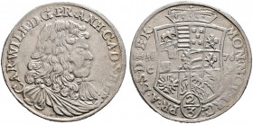 ANHALT-ZERBST. Carl Wilhelm 1667-1718. Gulden zu 2/3 Taler 1676 -Zerbst-. Brustbild im Harnisch mit Halsbinde und Mantel nach rechts / Mehrteiliges Wa...