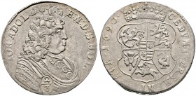 HOLSTEIN-PLÖN. Johann Adolf 1671-1704. Gulden zu 2/3 Taler 1690 -Glückstadt-. Brustbild im Harnisch mit Mantel nach rechts, unten am Arm die Wertangab...