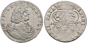 HOLSTEIN-PLÖN. Johann Adolf 1671-1704. Gulden zu 2/3 Taler 1690 -Glückstadt-. Brustbild im Harnisch mit Mantel nach rechts / Mehrfeldiger Wappenschild...