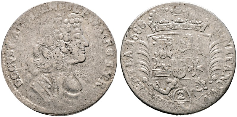 MECKLENBURG-GÜSTROW. Gustav Adolf 1636-1695. Gulden zu 2/3 Taler 1688 -Rostock-....