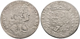 MECKLENBURG-GÜSTROW. Gustav Adolf 1636-1695. Gulden zu 2/3 Taler 1688 -Rostock-. Brustbild im Harnisch nach rechts / Mehrfeldiger Wappenschild zwische...