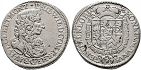 PFALZ-NEUBURG. Philipp Wilhelm 1653-1690. Gulden zu 60 Kreuzer 1674 -Neuburg-. Brustbild im Harnisch mit Mantel nach rechts / Mehrfeldiger Wappenschil...