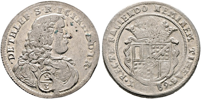 RANTZAU. Detlef 1663-1697. Gulden zu 2/3 Taler 1689 -Rantzau-. Brustbild im Harn...
