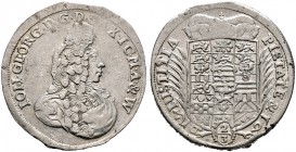 SACHSEN-EISENACH. Johann Georg II. 1686-1698. Gulden zu 2/3 Taler 1691. Wie vorher. Slg. Mers. 4072, Dav. 845. 
winziges Zainende, aus minimal rostige...