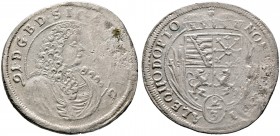 SACHSEN-MEININGEN. Bernhard 1680-1706. Gulden zu 2/3 Taler 1691 -Meiningen-. Ähnlich wie vorher, jedoch leicht variierend (Brustbild, Fürstenhut). Gro...