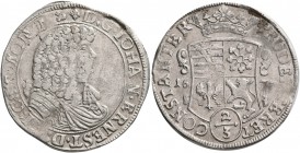 SACHSEN-WEIMAR-EISENACH. Johann Ernst 1662-1683. Gulden zu 2/3 Taler 1677 -Weimar-. Ähnlich wie vorher, jedoch geändertes Brustbild mit lockiger Perüc...