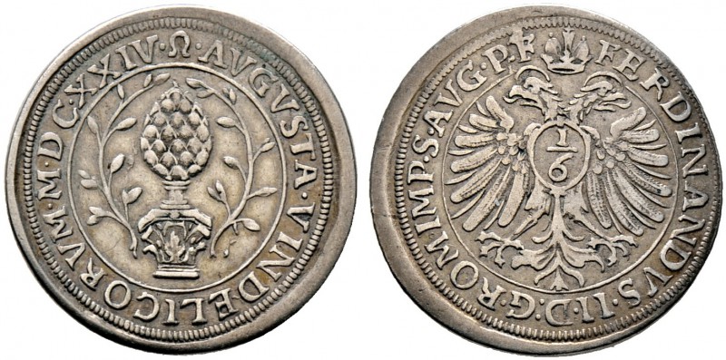 Augsburg, Stadt. 1/6 Taler 1624. Stadtpyr zwischen zwei Lorbeerzweigen / Gekrönt...