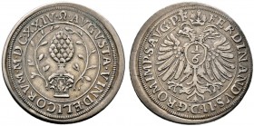 Augsburg, Stadt. 1/6 Taler 1624. Stadtpyr zwischen zwei Lorbeerzweigen / Gekrönter Doppeladler mit Brustschild sowie Titulatur Kaiser Ferdinand II. Fo...