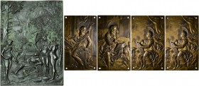 Augsburg, Stadt. Einseitige, rechteckige Bronzeplakette 1522 von Hans Daucher. Merkur weckt Paris zum Urteilsspruch. "Paris liegt schlafend in Rüstung...