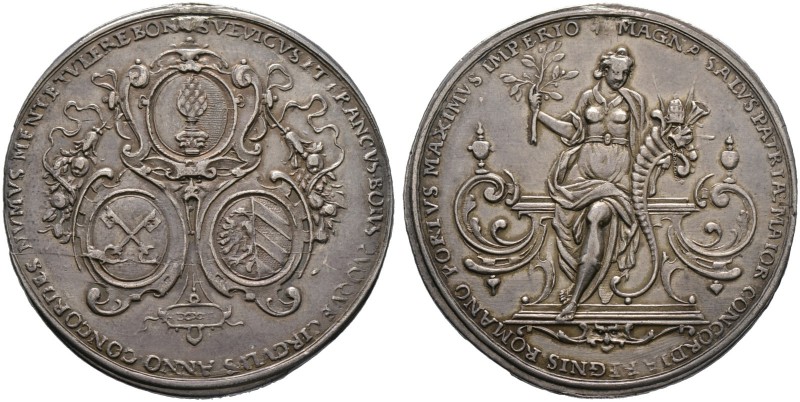 Augsburg, Stadt. Silbermedaille 1624 unsigniert, auf die Münzkonvention der drei...