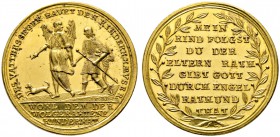 Augsburg, Stadt. Goldmedaille im Doppeldukatengewicht o.J. (um 1700) von P.H. Müller (unsigniert), auf die Kinder­zucht. Tobias wird von einem Engel g...