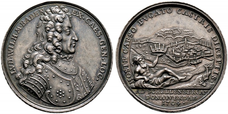 Baden-Baden. Ludwig Wilhelm 1677-1707. Silbermedaille 1704 von G. Hautsch, auf d...