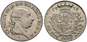 Baden-Durlach. Karl Friedrich 1746-1811. 1/2 Konventionstaler 1778. Kopf mit Zopf nach rechts / Gekrönter Wappenschild auf gekreuztem Palm- und Ölzwei...