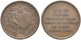 Baden-Durlach. Karl Friedrich 1746-1811. Bronzemedaille 1806 unsigniert, auf die Verbindung Badens mit dem französischen Kaiserhaus und den Besuch des...