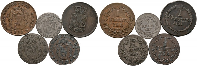 Baden-Durlach. Karl Ludwig Friedrich 1811-1818. Lot (5 Stücke): 6 Kreuzer 1816, ...