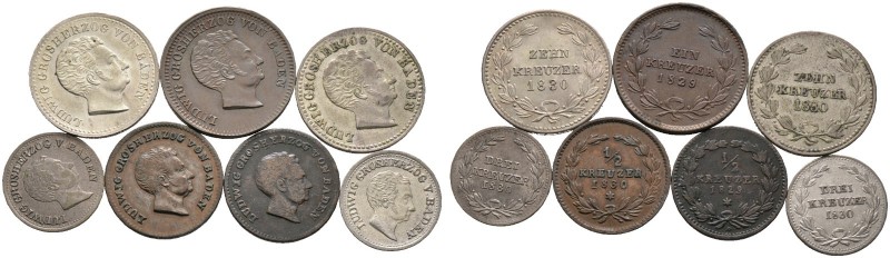 Baden-Durlach. Ludwig 1818-1830. Lot (7 Stücke): 10 Kreuzer 1830 (2x), 3 Kreuzer...