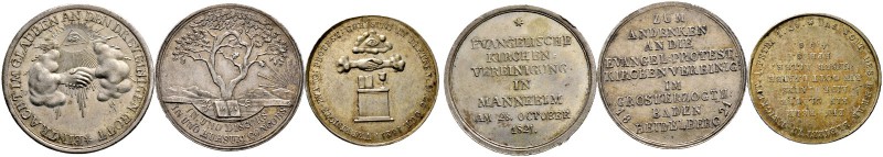 Baden-Durlach. Ludwig 1818-1830. Lot (3 Stücke): Silbermedaillen 1821 auf die ev...