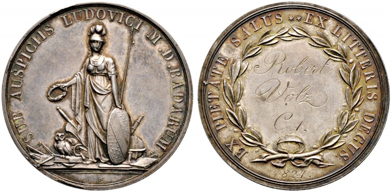 Baden-Durlach. Ludwig 1818-1830. Silberne Schulprämienmedaille o.J. (1824) von C...