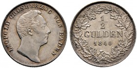 Baden-Durlach. Leopold 1830-1852. 1/2 Gulden 1840. AKS 97, J. 55. feine Tönung, minimale Randunebenheiten, gutes vorzüglich