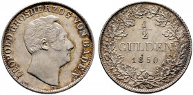 Baden-Durlach. Leopold 1830-1852. 1/2 Gulden 1850. AKS 98, J. 61. leichte Tönung, vorzüglich-Stempelglanz