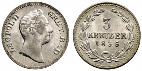 Baden-Durlach. Leopold 1830-1852. 3 Kreuzer 1835. Mit seitenverkehrter "1" in der Jahreszahl. AKS 102, J. 45. 
prägefrisches Prachtexemplar