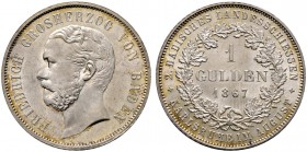 Baden-Durlach. Friedrich I. 1852-1907. Gulden 1867. Auf das 2. Badische Landesschießen in Karlsruhe. AKS 138, J. 84. 
Prachtexemplar mit leichter Tönu...