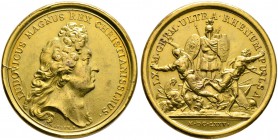 Baden-Französische Medaillen mit Bezug zu Baden. Vergoldete Bronzemedaille 1675 von Mauger, auf die Verdrängung von 60.000 deutschen Soldaten über den...