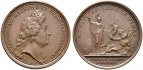 Baden-Französische Medaillen mit Bezug zu Baden. Bronzemedaille 1680 von Mauger, auf die Befestigung der Rheingrenze Frankreichs bei Hüningen. Büste d...