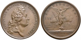 Baden-Französische Medaillen mit Bezug zu Baden. Bronzemedaille 1688 von Mauger, auf die Einnahme von Philippsburg. Büste des Königs nach rechts / Gef...