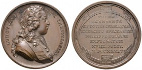 Baden-Französische Medaillen mit Bezug zu Baden. Bronzemedaille 1734 von Duvivier, auf den gleichen Anlass. Ähnlich wie vorher, jedoch das Brustbild d...