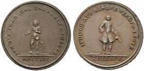 Badische Städte. Lörrach. Silbermedaille 1756 unsigniert, auf die Stadterhebung. Von vorn stehender, nur mit einem leichten Tuch bedeckter, nackter Kn...