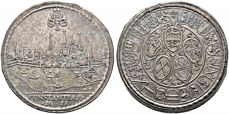 Konstanz, Stadt. Dicker Regiments-Doppeltaler 1623. Stadtansicht mit Hafen, darü...