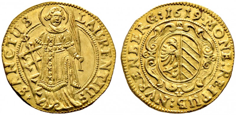 Nürnberg, Stadt. Goldgulden 1619. Ovales Stadtwappen auf verzierter Kartusche / ...