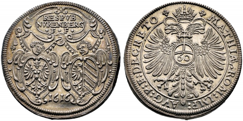 Nürnberg, Stadt. Reichsguldiner zu 60 Kreuzer 1616. Ähnlich wie vorher. Ke. 151,...