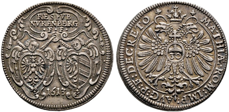 Nürnberg, Stadt. 1/2 Reichsguldiner zu 30 Kreuzer 1613. Zwei mit Engeln bedeckte...
