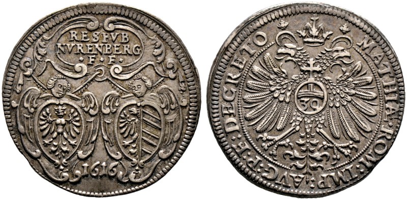 Nürnberg, Stadt. 1/2 Reichsguldiner zu 30 Kreuzer 1616. Ähnlich wie vorher. Ke. ...