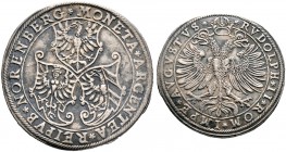 Nürnberg, Stadt. Taler o.J. (1603/04). Drei Wappenschilde / Gekrönter Doppeladler sowie Titulatur Kaiser Rudolf II. Ke. 165, Slg. Erl. 282, Dav. 9603....