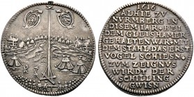 Nürnberg, Stadt. Silberne Schaumünze 1616 unsigniert, auf das erste Vogelschießen bei dem Gleißhammer. Schießplatz mit Vogelstange, daneben das zweite...