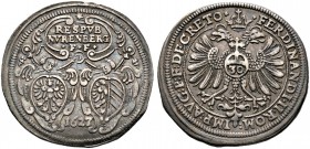 Nürnberg, Stadt. 1/2 Reichsguldiner zu 30 Kreuzer 1627. Ähnlich wie vorher. Ke. 213, Slg. Erl. -. 
sehr selten, feine Patina, sehr schön-vorzüglich...