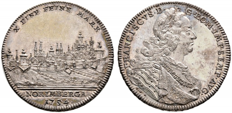 Nürnberg, Stadt. Konventionstaler 1754. Stempel von P.P. Werner. Stadtansicht vo...