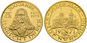 Nürnberg, Stadt. Goldmedaille 1971 von F. Müller (unsigniert, nach einem Entwurf von W. Leonhard). Brustbild Dürers von vorn zwischen Dürermonogramm u...