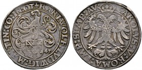 Öttingen. Karl Wolfgang, Ludwig XV. und Martin 1534-1546. Taler 1545. Mit Titulatur Kaiser Karl V. Löffelh. 168ff var., Dav. 9618, Schulten 2617. fein...