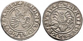 Sachsen-Kurfürstentum. Johann Friedrich und Moritz 1541-1547. 1/4 Taler 1546 -Freiberg-. Keilitz 207, Slg. Mers. 527.
leichte Schrötlingsfehler, gutes...