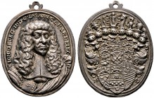Sachsen-Albertinische Linie. Johann Georg II. 1656-1680. Tragbarer, silberner Gnadenpfennig 1669 von B. Lauch, auf den Empfang des Hosenbandordens. Br...