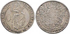 Sachsen-Mittel-Weimar. Johann Ernst und seine fünf Brüder 1622-1626. Taler, sogen. Pallastaler 1623 -Weimar-. Stehende Pallas mit Fahnenstange und Wap...