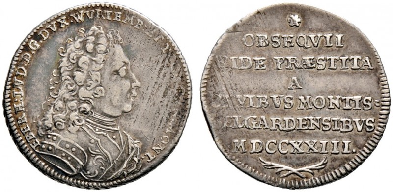 Württemberg. Eberhard Ludwig 1693-1733. Kleine Silbermedaille 1723 unsigniert, a...