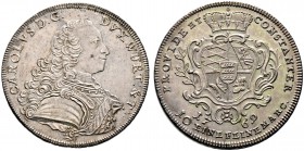 Württemberg. Karl Eugen 1744-1793. Konventionstaler 1769. Gepanzertes Brustbild nach rechts mit offenen Haaren und einem schmalen Band über der linken...