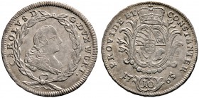 Württemberg. Karl Eugen 1744-1793. 10 Kreuzer 1765. Wappen mit umgelegter Ordenskette. KR 401a, Ebner - vorzüglich