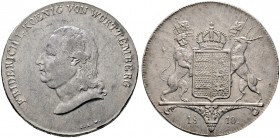 Württemberg. Friedrich II./I. 1797-1806-1816. Kronentaler 1810. Ein zweites Exemplar. KR 29.1, AKS 34, J. 22, Thun 423, Kahnt 574b. 
sehr schön-vorzüg...